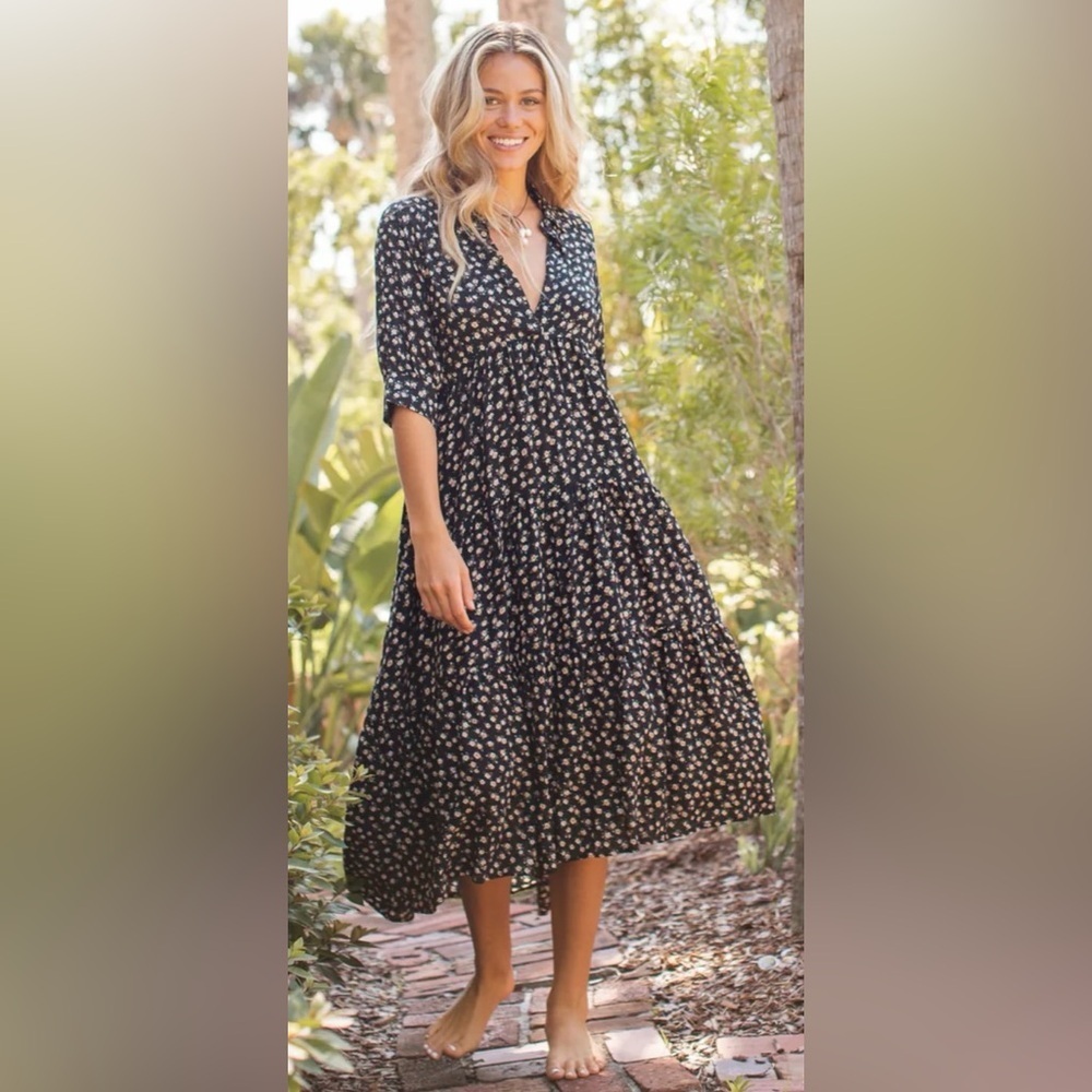 Natural Life Rebecca Midi Dress Black Cream Rose Floral Pockets Boho Sz Large